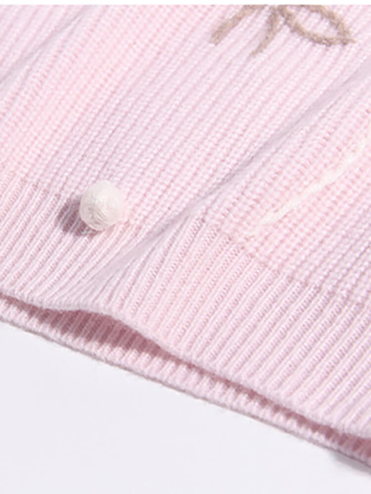 Light Pink Bunny and Bow Outline Cashmere Ribbed Knit Sweater